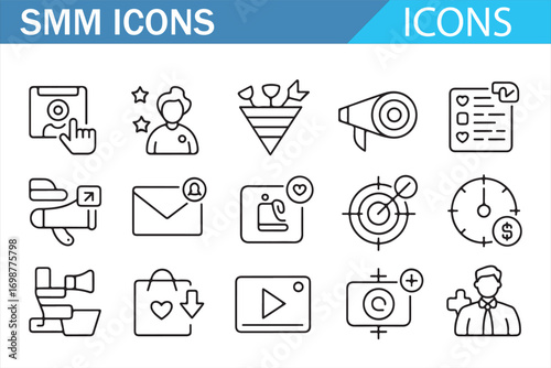 Vector black and white line icons of social media engagement and online business