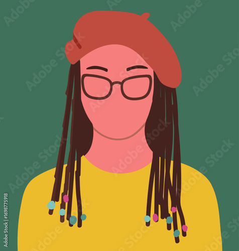 Face avatar, faceless girl, woman with long and twisted dreadlocks hairstyle wearing a beret. Female avatar hand drawn vector illustration.