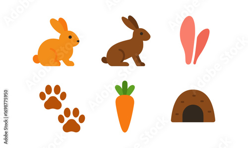 Cute bunny elements: carrot, rabbit, ears, paw prints, burrow in flat style