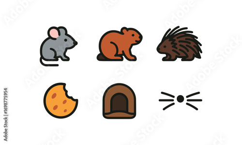 Cute rodent icons: mouse, beaver, porcupine with cheese and habitat elements