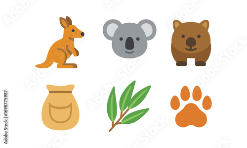 Australian wildlife icons: kangaroo, koala, and wombat in a simplified flat style