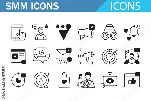 Social media marketing icons set illustration with communication, engagement, messaging, likes, notifications, analytics, funnel, megaphone, and user profile, black vector line art for digital marketi