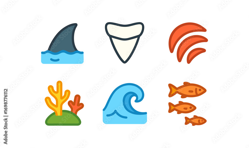Fototapeta premium Ocean marine life icons: shark fin, tooth, coral, wave, fish illustrations