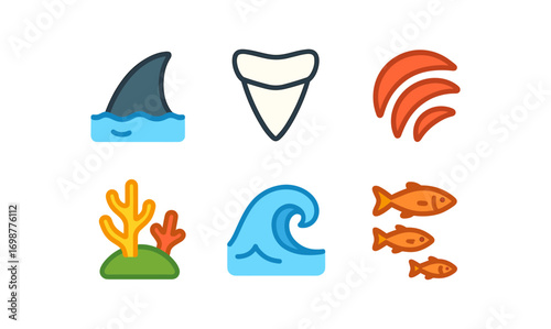 Ocean marine life icons: shark fin, tooth, coral, wave, fish illustrations