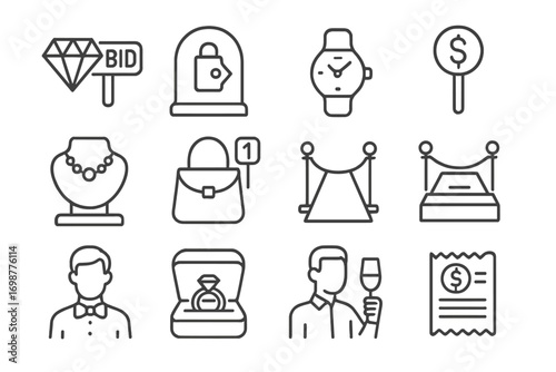 Luxury Auction Icons. Line style icons of luxury auctions: diamond with bid label, watch display icon, luxury brand tag, auction