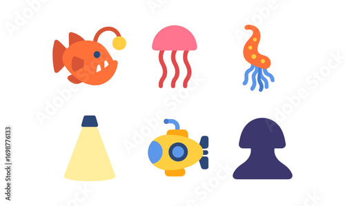 Colorful underwater creatures and submarine icons in flat style