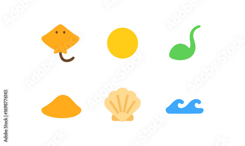 Colorful flat sea icons collection with marine life and ocean symbols