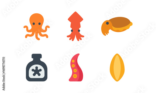 Colorful marine icons collection: octopus, squid, and sea creatures in flat style