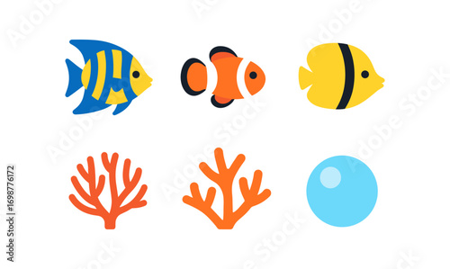 Colorful flat marine life with fish, coral, and bubble on white background