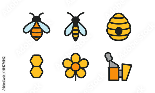 Colorful honeybee and beehive icons featuring flowers and honeycomb