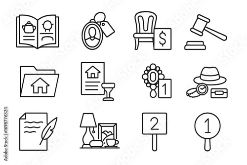 Estate Auction Icons. Line style icons of estate auctions: inherited items catalog, family heirloom with tag, furniture with bid