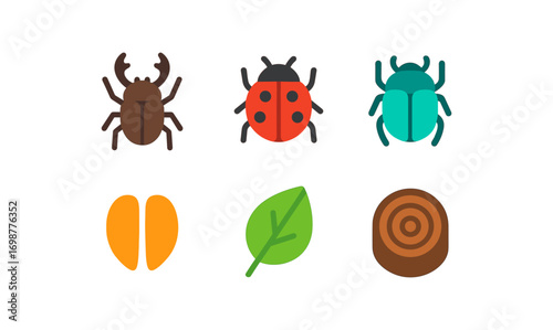Colorful bug and nature elements in modern flat style