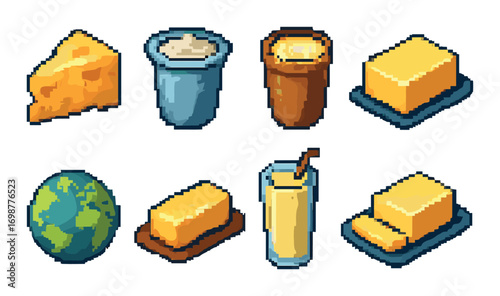 Pixel art dairy and food icons: cheese, butter, milkshake, yogurt, earth