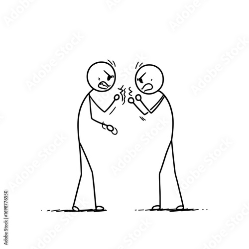 Two stick figures arguing and gesturing wildly in black and white  