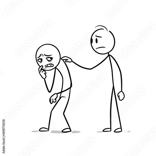 Stick figures comforting each other during a difficult moment  
