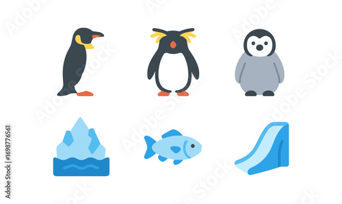 Cute penguins and arctic elements in flat style