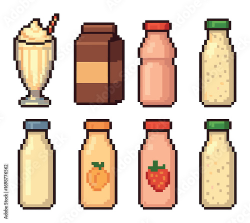 Pixel art beverages: milkshake, carton, and flavored milk bottles on yellow background