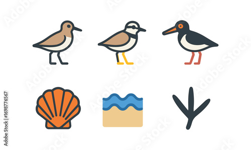 Coastal birds and beach elements in modern flat icon set