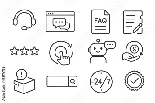E-commerce Support Icons. Line style icons of customer support in e-commerce: headset icon with chat, live chat window, FAQ file,