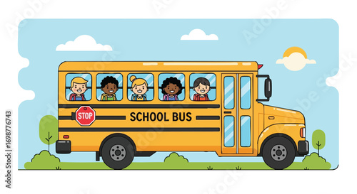 A School Bus Full of Cheerful Children Heading to School