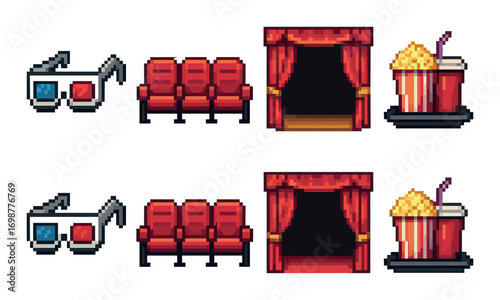 Pixel art cinema elements: 3d glasses, seats, curtains, popcorn, soda