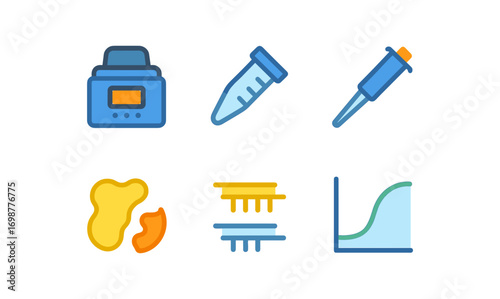 Colorful scientific symbols depicting lab equipment and analysis tools