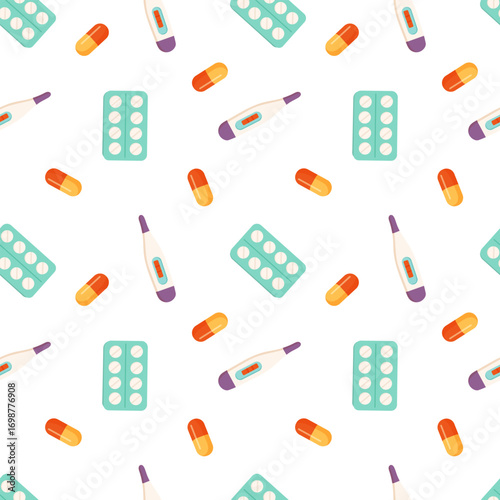Vector seamless medical pattern with digital thermometers, blister pills and capsules on white. Clean flat style for pharmacy packaging, healthcare branding, clinic wallpaper and seasonal flu visuals