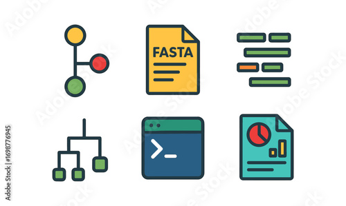 Colored line art icons for project management and data analysis tools