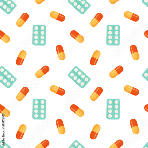 Seamless vector medical pattern with orange capsules and mint blister packs on white. Clean flat style for pharmacy packaging, healthcare branding, clinic wallpaper, and flu-season visuals