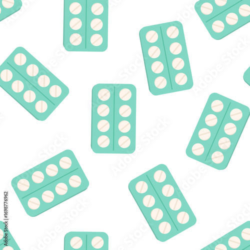 Vector seamless pattern featuring mint green blister packs of tablets on a clean white background. Modern medical design for pharmacy packaging, healthcare branding, wallpaper and print