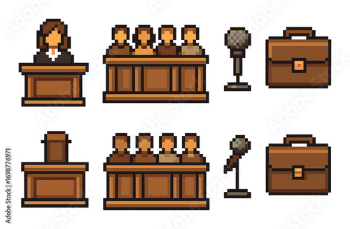 Pixel art courtroom scene with judge, jury, microphone, and briefcase