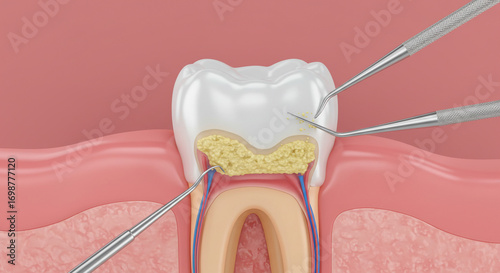 Professional dental cleaning procedure showing plaque removal from tooth and gum line with specialized instruments