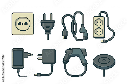 Pixel art electronics collection with plugs and chargers on yellow background