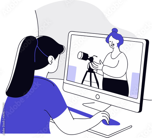 Online learning student watches tutor demonstrate camera setup on computer screen