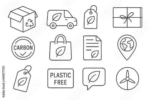 Eco E-commerce Icons. Line style icons of eco-friendly e-commerce: recyclable box icon, green delivery van, eco badge on product,