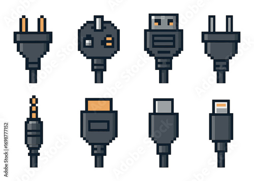 Pixel art electrical and audio connectors: plugs, usb, audio jack in 8-bit style