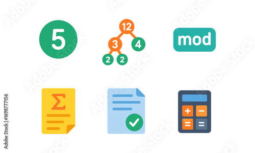 Mathematics icons set: calculations, equations, and diagrams in flat style