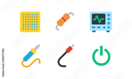 Colorful electronics set with circuit, resistor, oscilloscope in flat style