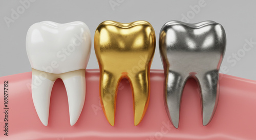 Stunning dental comparison showing white gold and silver teeth in healthy gums, perfect for medical concepts