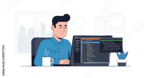 A Male Programmer Working on His Laptop with a Coffee at His Desk