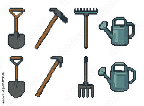 Pixel art gardening tools collection on yellow background