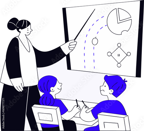 Teacher explaining math concepts using whiteboard and diagrams to students in a classroom setting
