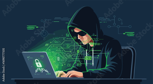 A Male Hacker Wearing a Hoodie Cracks a Digital Lock on a Laptop