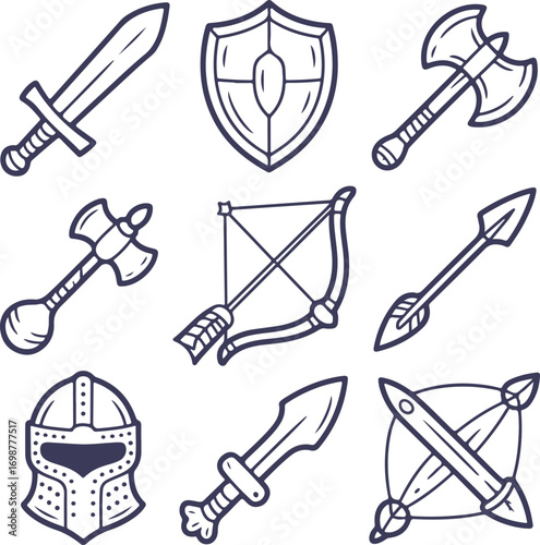Collection of hand-drawn medieval fantasy weapon and armor doodle icons for RPG games