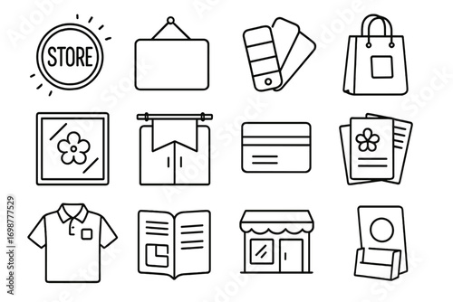 Retail Branding Icons. Line style icons of retail branding and signage: illuminated store logo, hanging aisle sign, branding color
