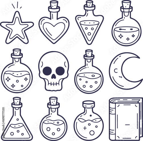 A hand-drawn collection of witch esoteric symbols, magic potions, and a skull
