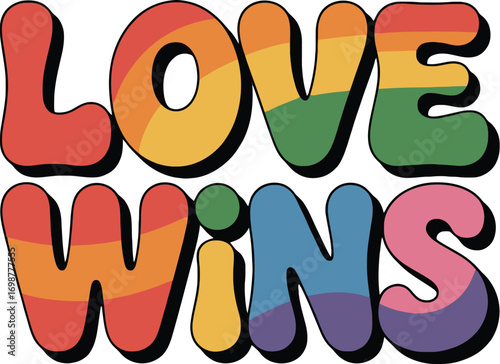 Rainbow Love Wins, LGBTQ+ Pride Graphic, Love Wins Pride Design, Gay Pride Rainbow Text, Colorful Love Wins Illustration