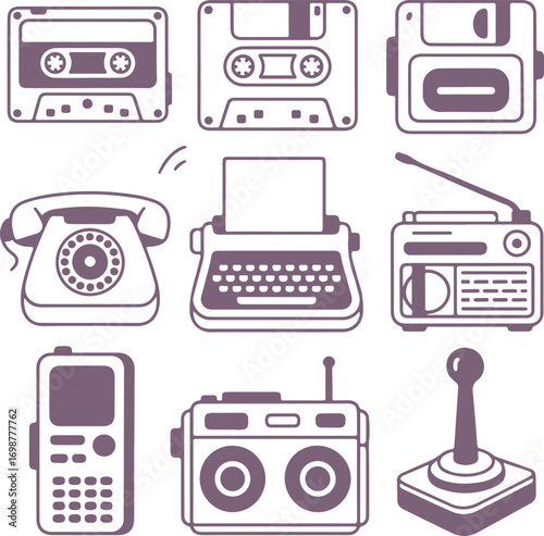 Retro Technology Icons Cassette, Floppy Disk, Telephone, Typewriter, Radio, Joystick, and More