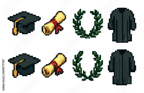 Pixel art graduation icons: cap, diploma, laurel, gown on yellow background
