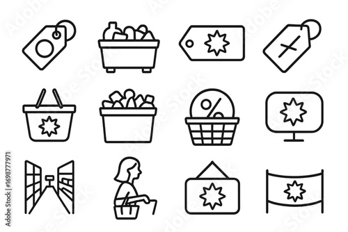 Discount Retail Icons. Line style icons of discount retail: clearance tag icon, bulk display bin, markdown label, price slasher